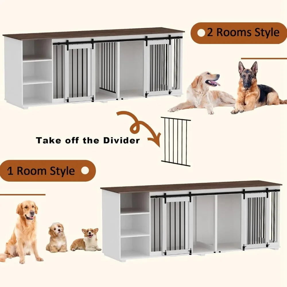 Large Dog Crate Furniture, 86.6" Wooden Dogs Kennel with Shelves, Divider & Slidding Door, Heavy Duty Furniture Style Dog House