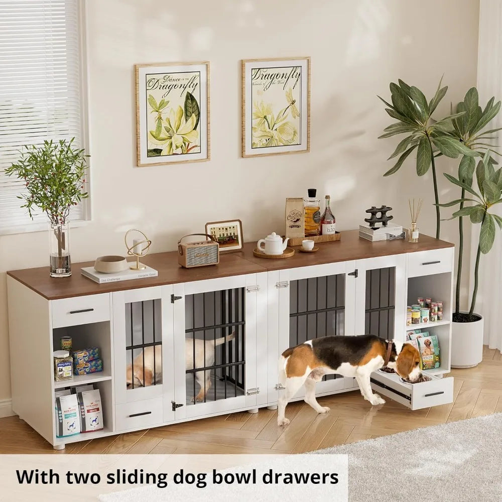 Dog Crate, Large Wooden Dog House with Drawers and Heavy Duty Kennel Indoor with Room Divider and TV Stand Cabinet, Dog Crate