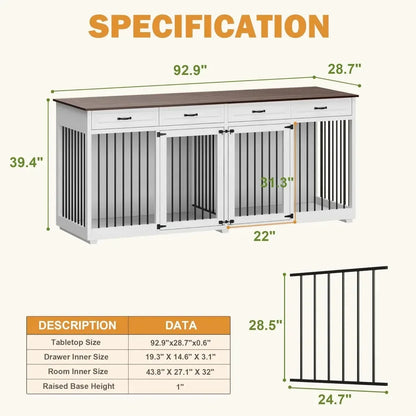 Dog Crate Extra Large 93" Heavy Duty Double Rooms Dog Kennel with Drawers & Removable Divider, Indoor Luxury Dog House TV Stand