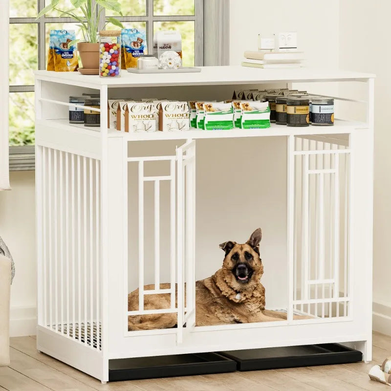 Wooden Dog Crate Double Door Dog Kennel with Three Drawers Heavy Duty Dogs Decorative Pet House for Large Medium Dogs White