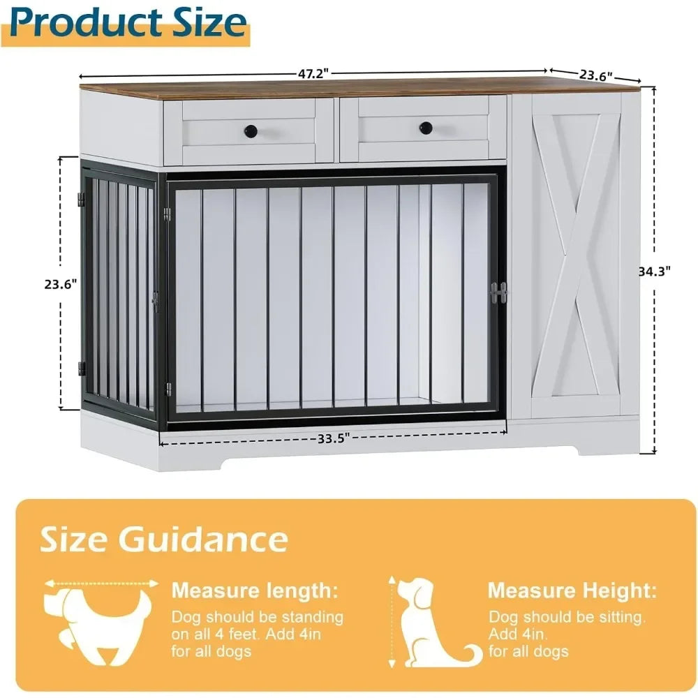 Dog Crate Furniture Kennel with Double Doors, Wooden Pet House with 2 Drawers and Pet Feeder Station Storage Cabinet