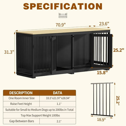 Dog Crates, Heavy Duty Wooden Kennel with Tray & Removable Divider for 2 Dogs, Indoor Style Pet Crate House TV Stand, Dog Crates