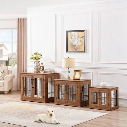 Furniture Style Dog Crate End Table, Double Doors Wooden Wire Dog Kennel with Pet Bed, Decorative Pet Crate Dog House