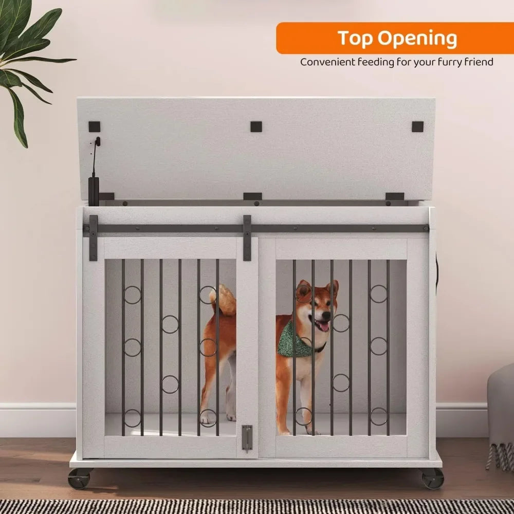 Dog Crate, End Table with Wheels and Flip Top Plate Dog House with Detachable Divider and Sliding Barn Door, Dog Crate