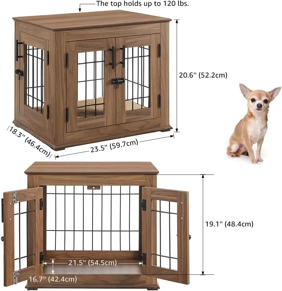 Furniture Style Dog Crate End Table, Double Doors Wooden Wire Dog Kennel with Pet Bed, Decorative Pet Crate Dog House