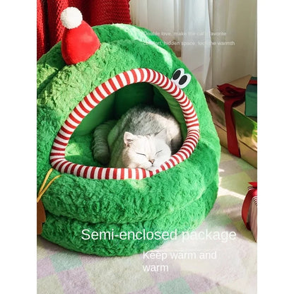 Christmas Bag Mongolian  Cat Nest Winter Warm  Large Space Semi-Enclosed Removable and Washable Pet Bed