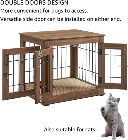 Furniture Style Dog Crate End Table, Double Doors Wooden Wire Dog Kennel with Pet Bed, Decorative Pet Crate Dog House