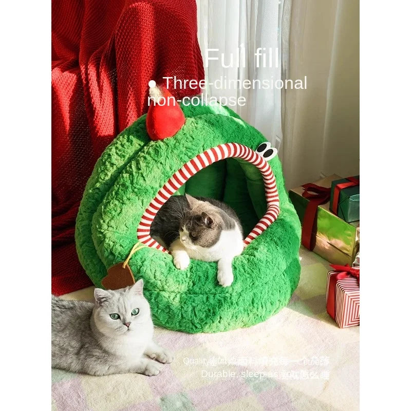 Christmas Bag Mongolian  Cat Nest Winter Warm  Large Space Semi-Enclosed Removable and Washable Pet Bed