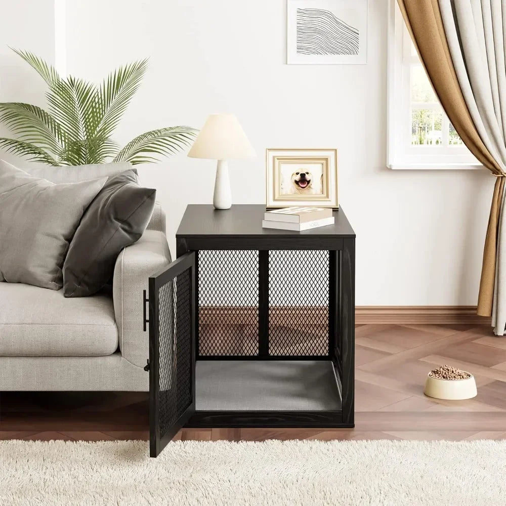 Dog Crate with Tray and Cushion, Double Doors Wooden Dog Kennel End Table, Decorative Pet Crate House Cage Indoor