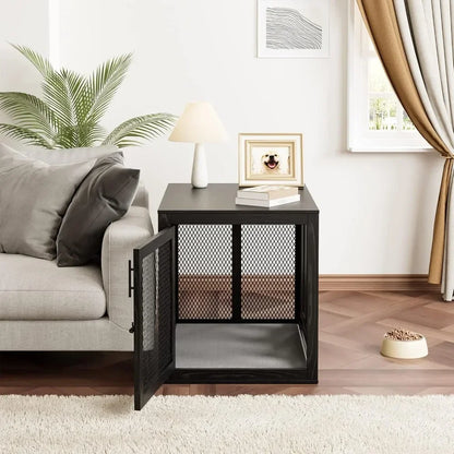 Dog Crate with Tray and Cushion, Double Doors Wooden Dog Kennel End Table, Decorative Pet Crate House Cage Indoor