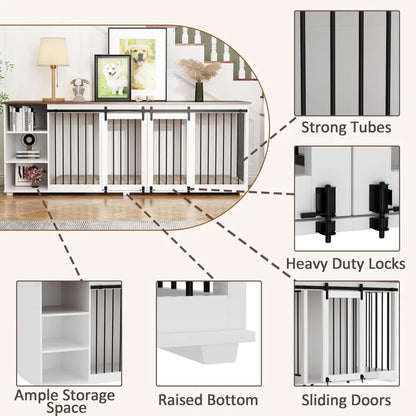 Large Dog Crate Furniture, 86.6" Wooden Dogs Kennel with Shelves, Divider & Slidding Door, Heavy Duty Furniture Style Dog House
