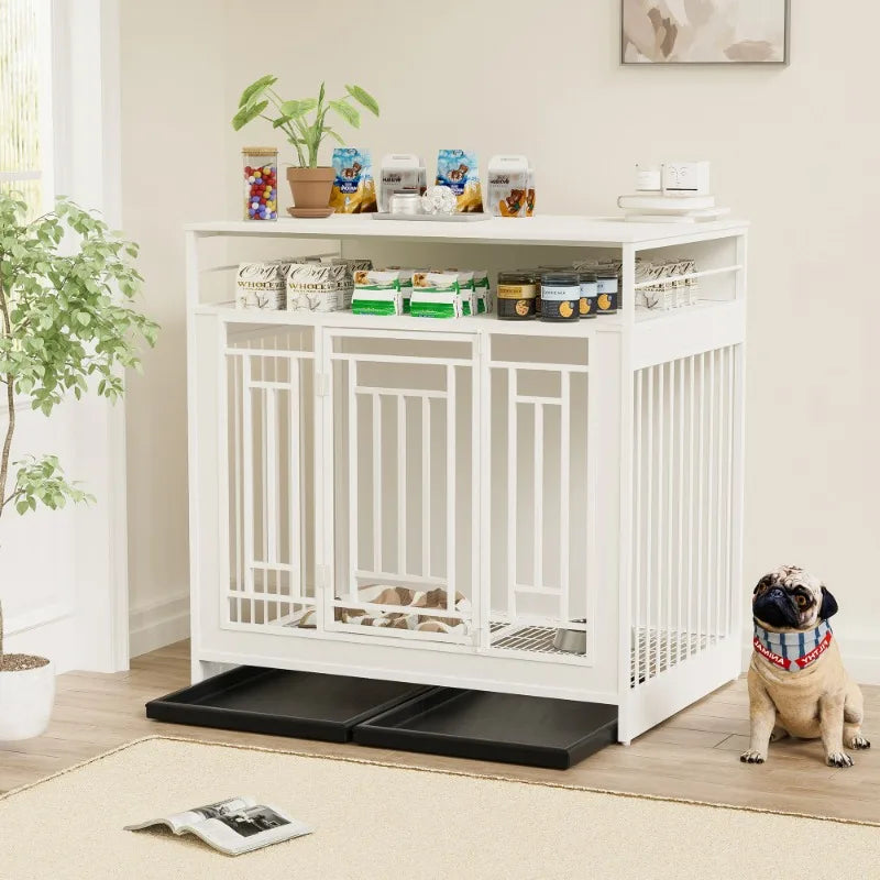 Wooden Dog Crate Double Door Dog Kennel with Three Drawers Heavy Duty Dogs Decorative Pet House for Large Medium Dogs White