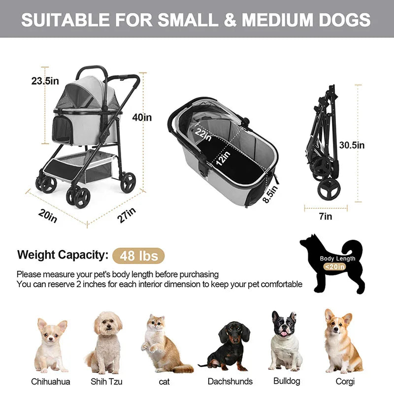 애완견 유모차 Cute Pet StrollerFoldable Pet Travel Carrier for Small/Medium Dogs Cats up to 48 lbs,Detachble Portable Pet Bag