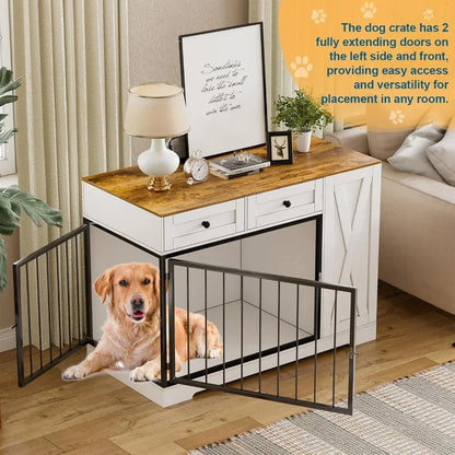 Dog Crate Furniture Kennel with Double Doors, Wooden Pet House with 2 Drawers and Pet Feeder Station Storage Cabinet