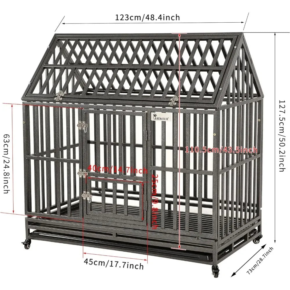 Dog Cage 48" Heavy Duty Dog Crate Strong Metal Cage House Shape Pet Kennel Crate Playpen with 4 Locking Wheels