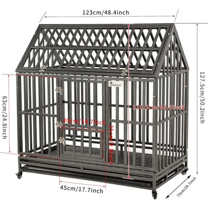 Dog Cage 48" Heavy Duty Dog Crate Strong Metal Cage House Shape Pet Kennel Crate Playpen with 4 Locking Wheels