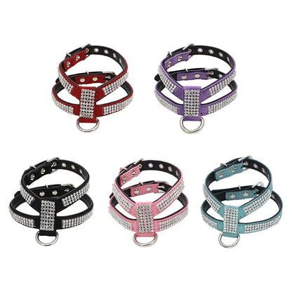 Dog Collar Adjustable Pet Products Pet Necklace Dog Harness Leash Quick Release Bling Rhinestone 1 PC PU Leather