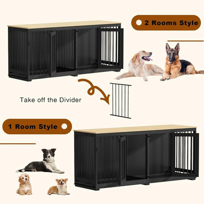 Dog Crates, Heavy Duty Wooden Kennel with Tray & Removable Divider for 2 Dogs, Indoor Style Pet Crate House TV Stand, Dog Crates