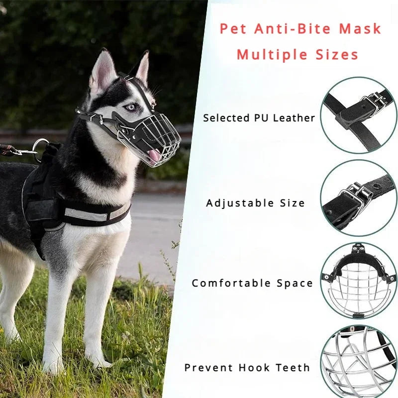 Pet Dog Anti-Bite Metal Muzzle Breathable Adjustable Leather Training Collar Dogs Harness Accessories Suitable Bulldog Pitbull