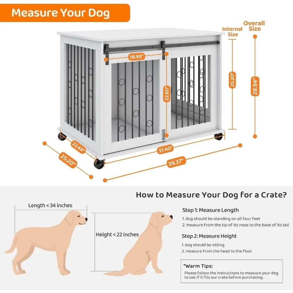 Dog Crate, End Table with Wheels and Flip Top Plate Dog House with Detachable Divider and Sliding Barn Door, Dog Crate