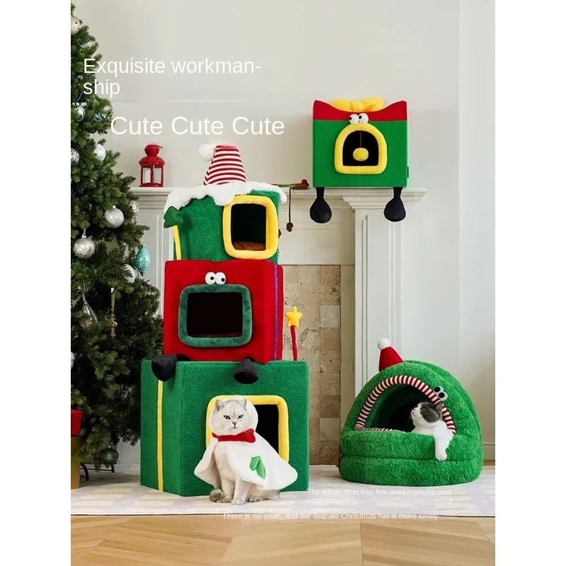 Christmas Bag Mongolian  Cat Nest Winter Warm  Large Space Semi-Enclosed Removable and Washable Pet Bed