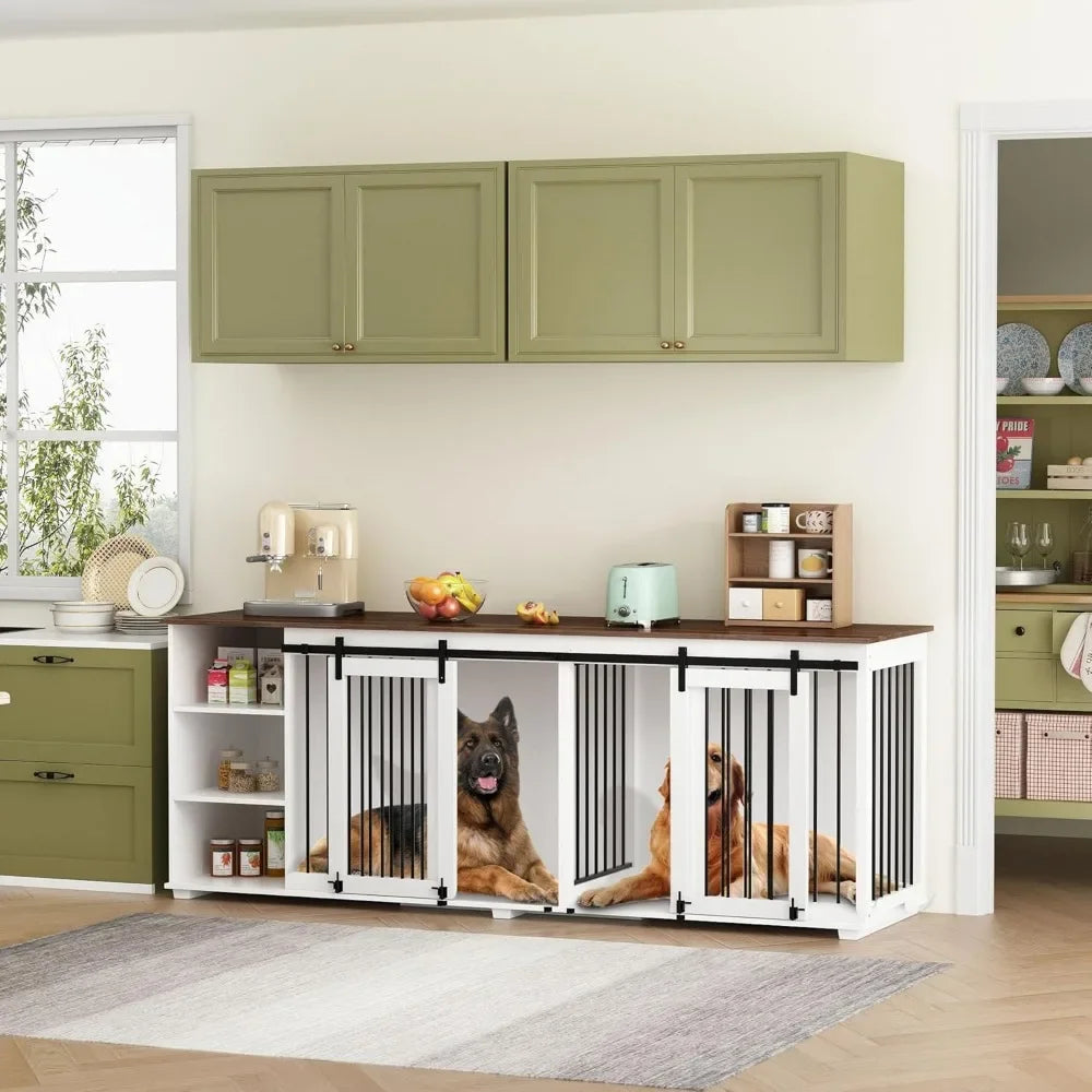 Large Dog Crate Furniture, 86.6" Wooden Dogs Kennel with Shelves, Divider & Slidding Door, Heavy Duty Furniture Style Dog House