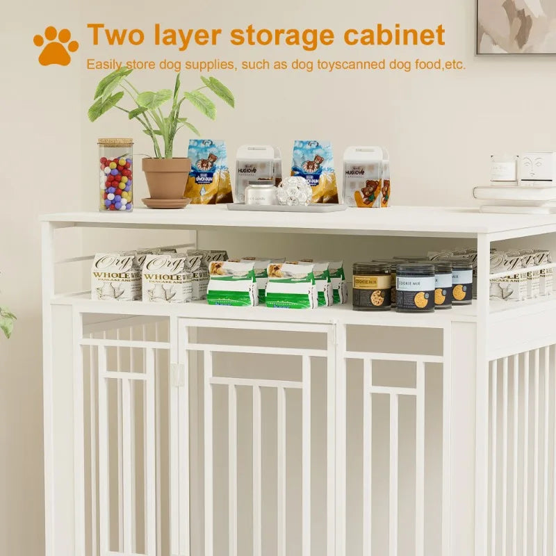 Wooden Dog Crate Double Door Dog Kennel with Three Drawers Heavy Duty Dogs Decorative Pet House for Large Medium Dogs White