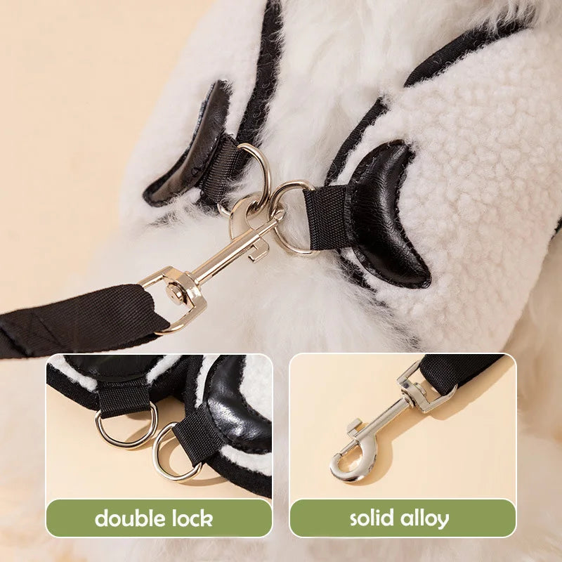 Warm Fleece Pet Dog Harness Cute Animal Adjustable Vest Leash Set for Medium Puppy French Bulldog Outdoor Cat Collar Accessories