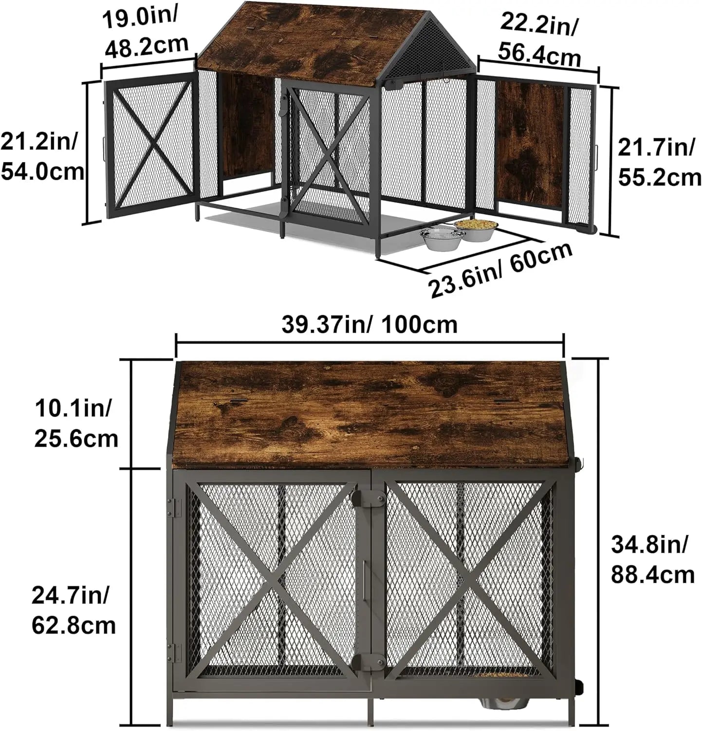 Dog Crate Furniture, Dog Kennels with Storage, Heavy Duty House Style Dog Pet Home with Two Doors Carpet and Bowls, Re