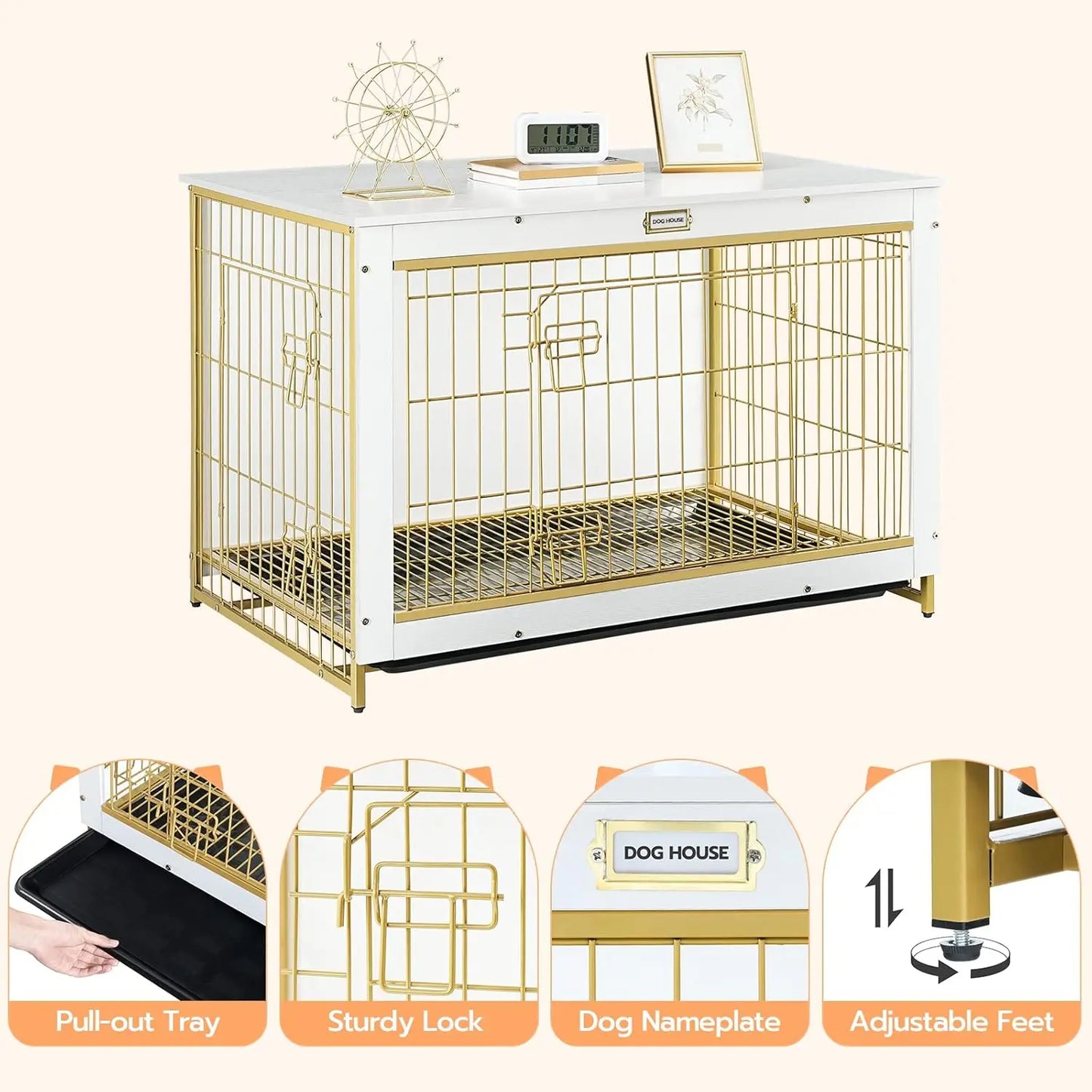 HOOBRO Dog Crate Furniture, 38.6" Large Dog Kennel Indoor, Wooden Crate with Pull-Out Tray, Double Doors Dog House