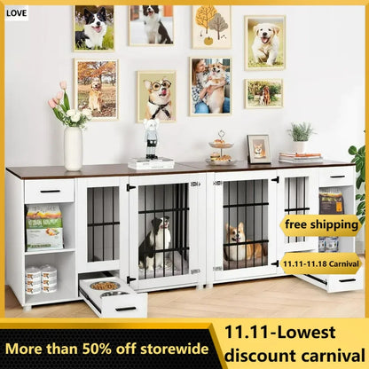 Dog Crate, Large Wooden Dog House with Drawers and Heavy Duty Kennel Indoor with Room Divider and TV Stand Cabinet, Dog Crate