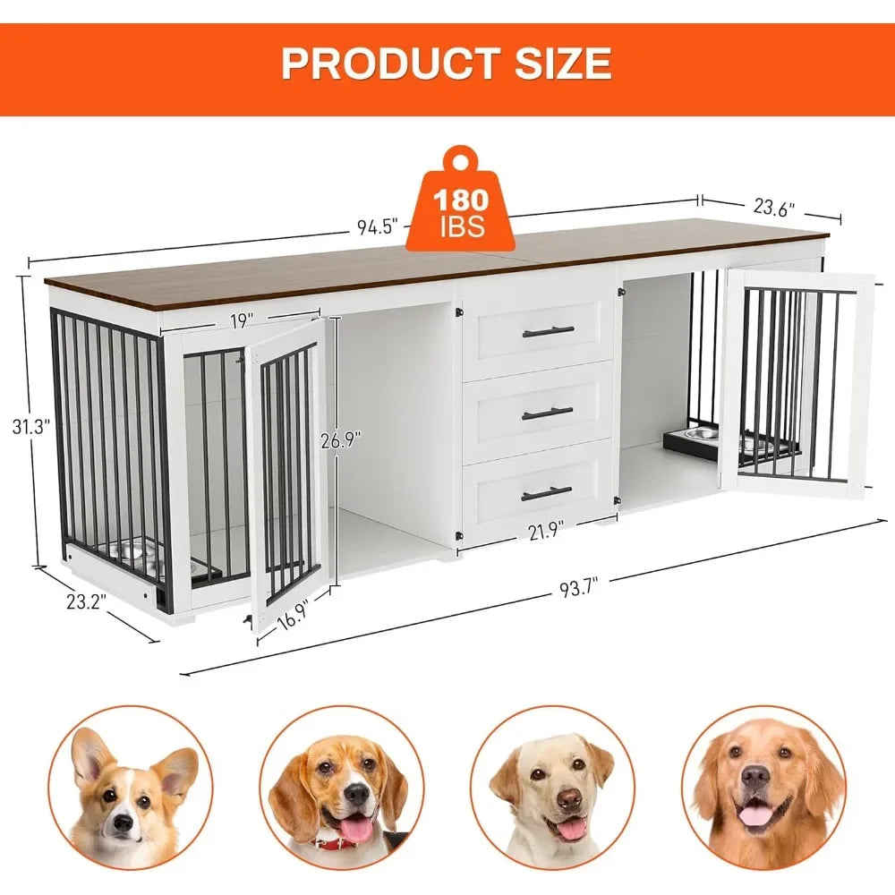 94.5" Dog Crate, Dogs Kennel Furniture with 3 Storage Drawer, Wooden Dogs Cage with 4 Bowls, Dog House TV Stand with Locks