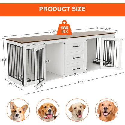 94.5" Dog Crate, Dogs Kennel Furniture with 3 Storage Drawer, Wooden Dogs Cage with 4 Bowls, Dog House TV Stand with Locks