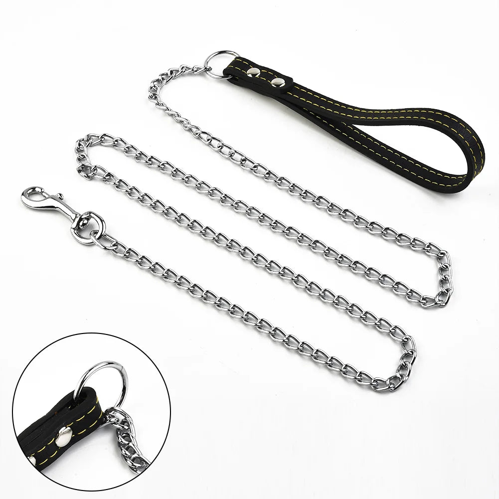 Metal Chain Dog Lead With Leather Dog Harness Leash Style Handle Strong Control Leash Outdoor Security Training Dog Harness Supp