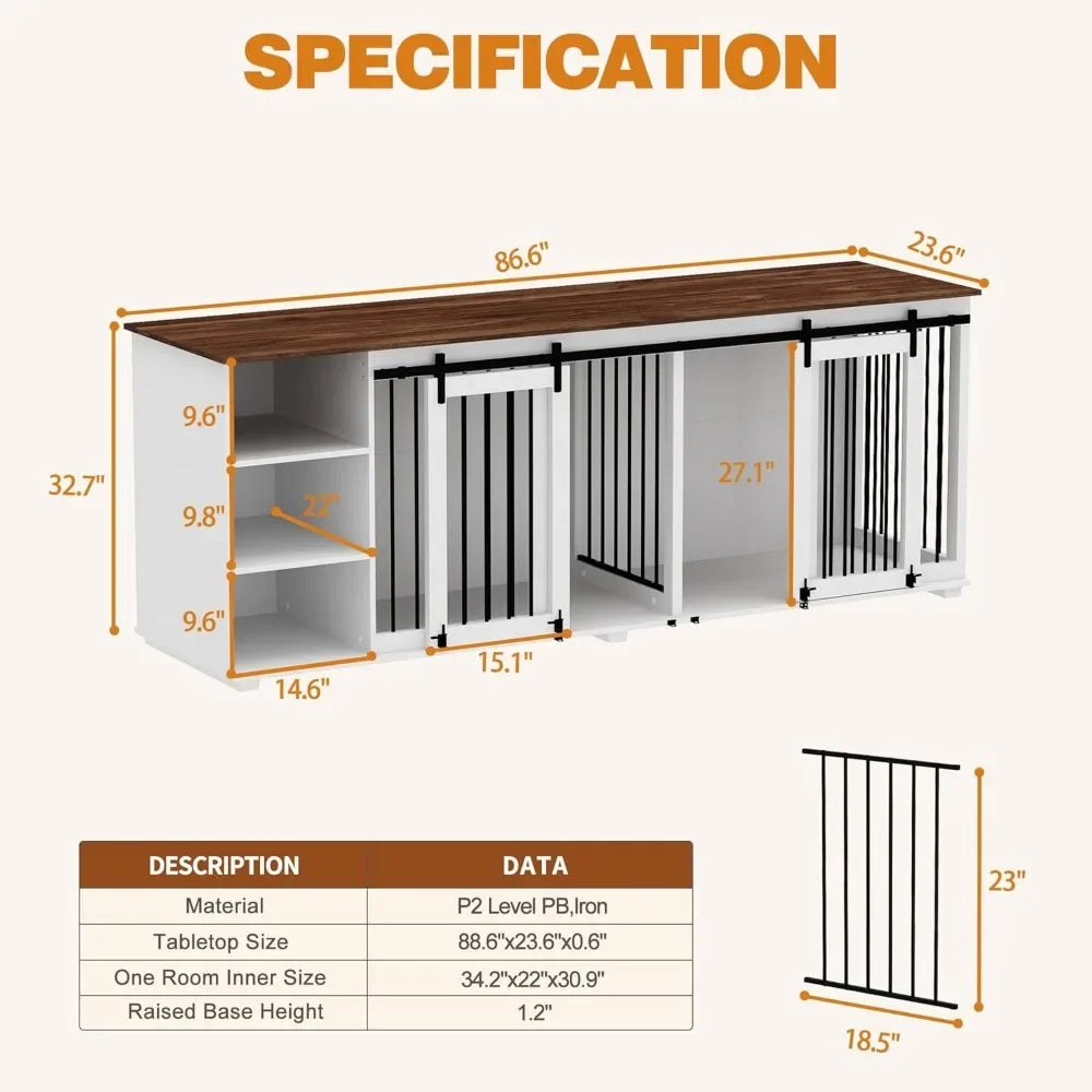 Large Dog Crate Furniture, 86.6" Wooden Dogs Kennel with Shelves, Divider & Slidding Door, Heavy Duty Furniture Style Dog House