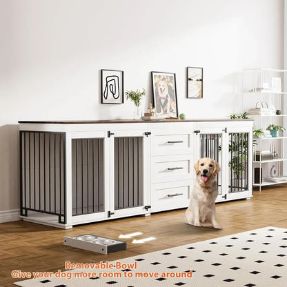 94.5" Dog Crate, Dogs Kennel Furniture with 3 Storage Drawer, Wooden Dogs Cage with 4 Bowls, Dog House TV Stand with Locks